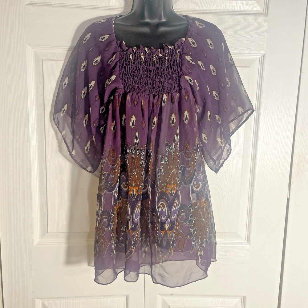 Vintage Tramp Sheer Y2K Babydoll Shirt Women M Purple Paisley Flowy Boho Blouse